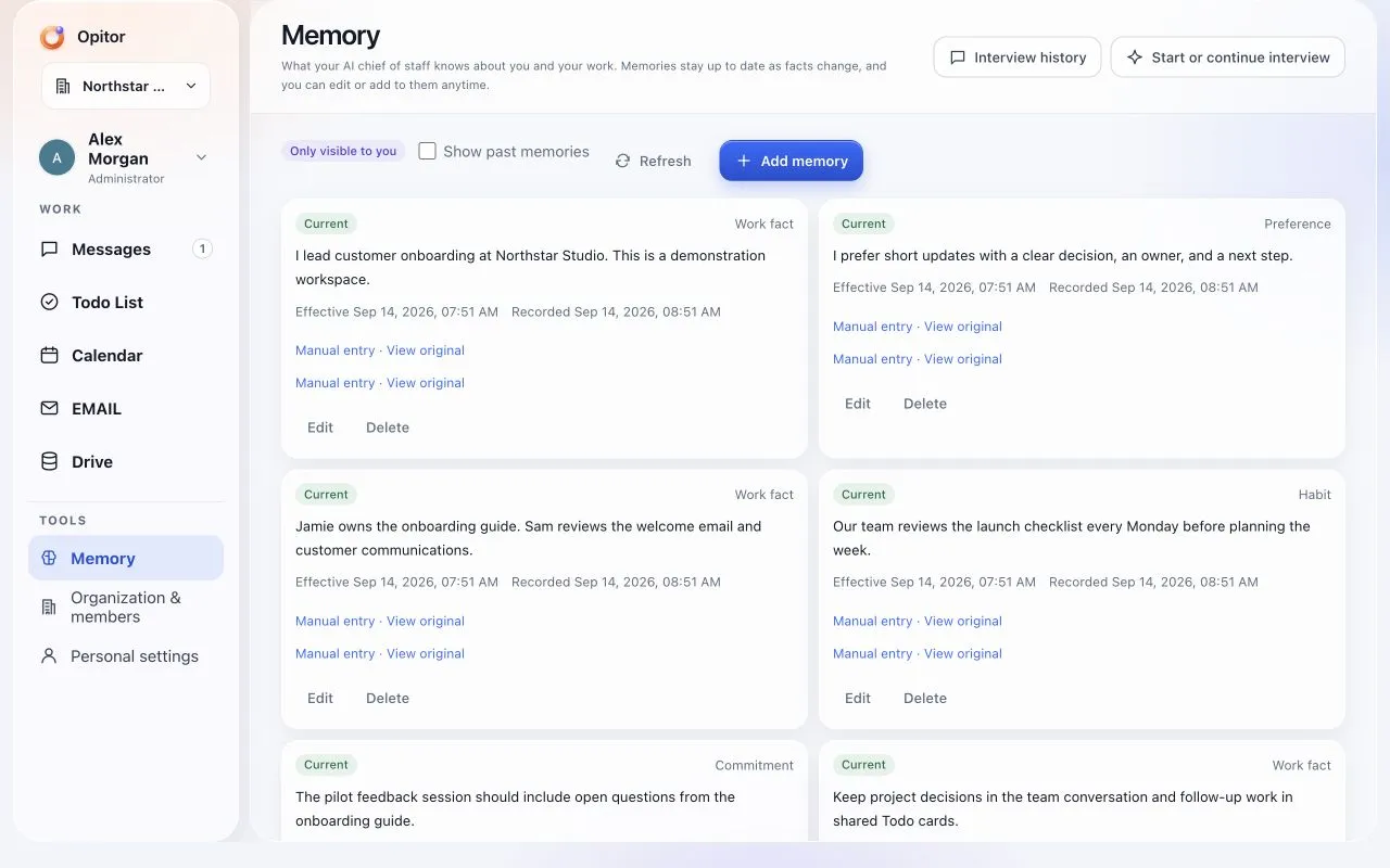 Opitor personal memory cards with current facts, preferences, source links and edit or delete controls.